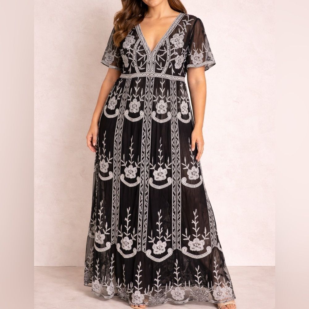 Ember Black White Sheer Unlined Lace Empire Waist Maxi Boho Romantic Dress Sz Xl